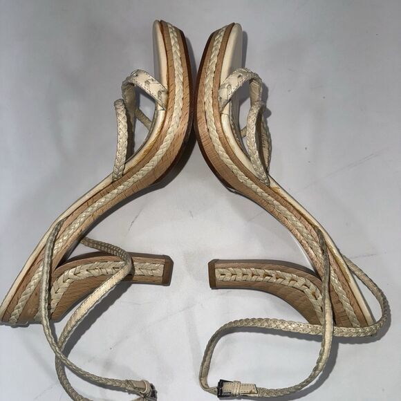 Dior Tan Leather Ankle Wrap Braided Sandals Wood Platform Women Size 11/ EUR 41 - Picture 7 of 10